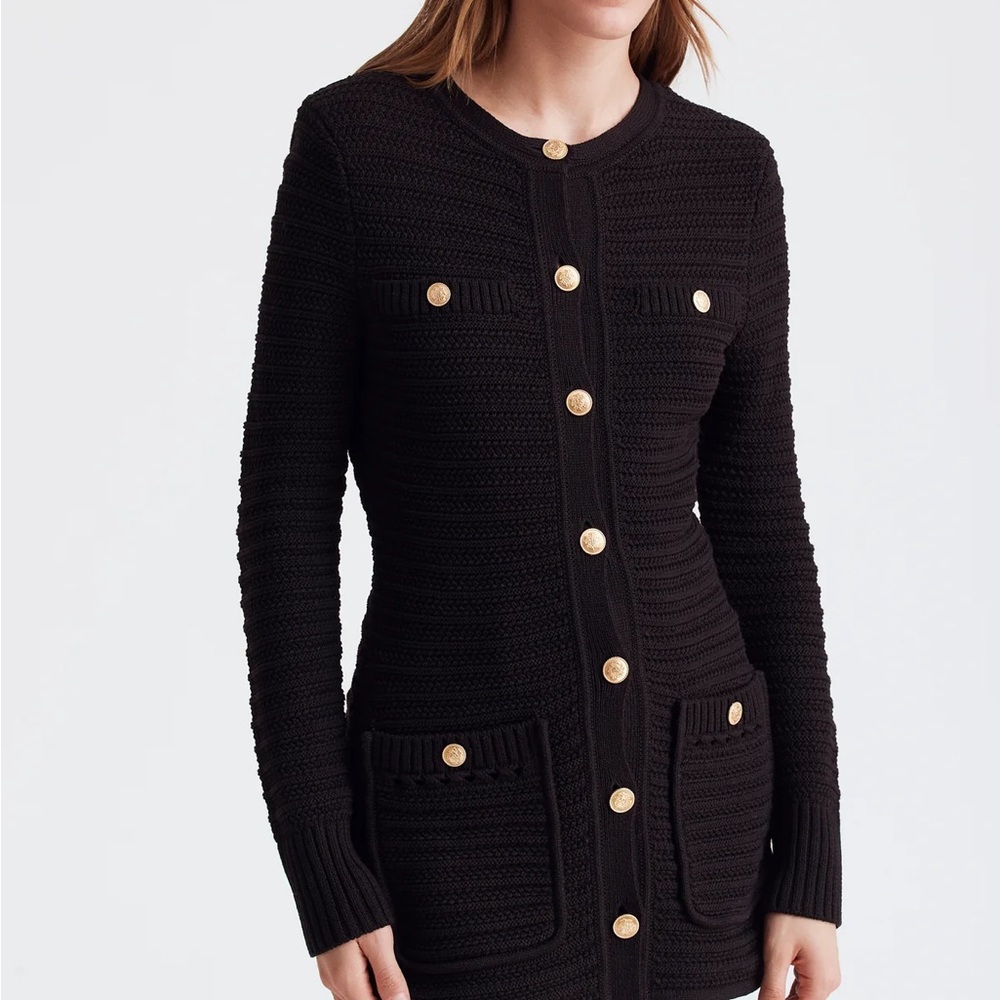 Women's Black Knit Button-Front Coat with Gold Buttons
